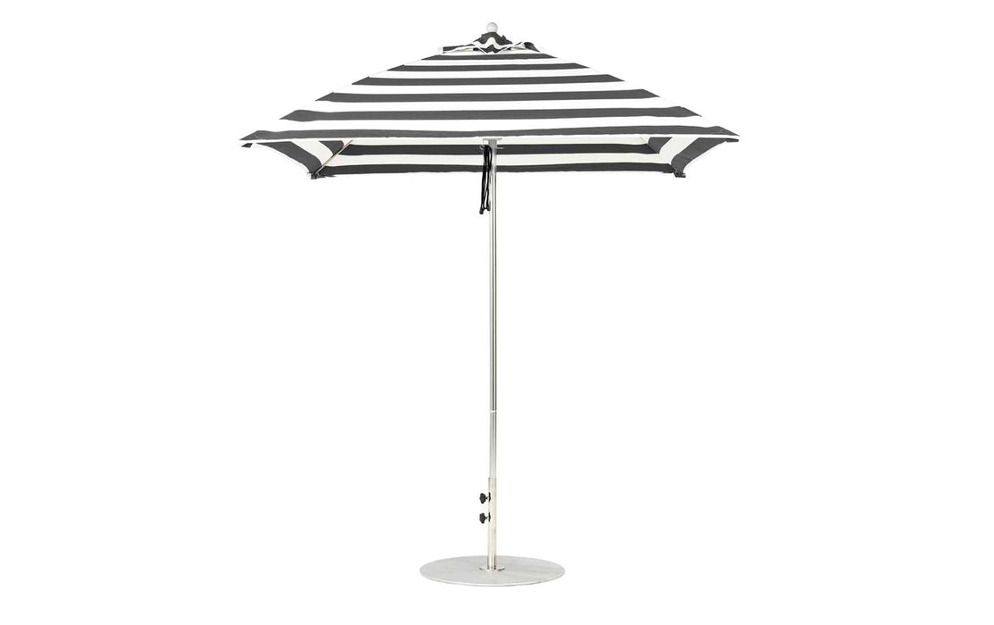 Ledge Lounger Essential Umbrella 7.5' Square Version 2 Pulley — Matte Silver Pole-Classic Ball Finial-R017 Black Stripe Fabric