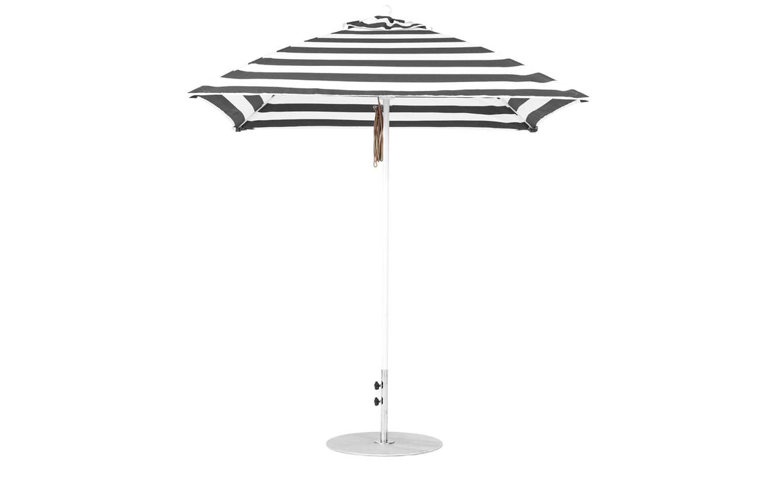 Ledge Lounger Essential Umbrella 7.5' Square Version 2 Pulley — White Pole-Classic Ball Finial-R017 Black Stripe Fabric