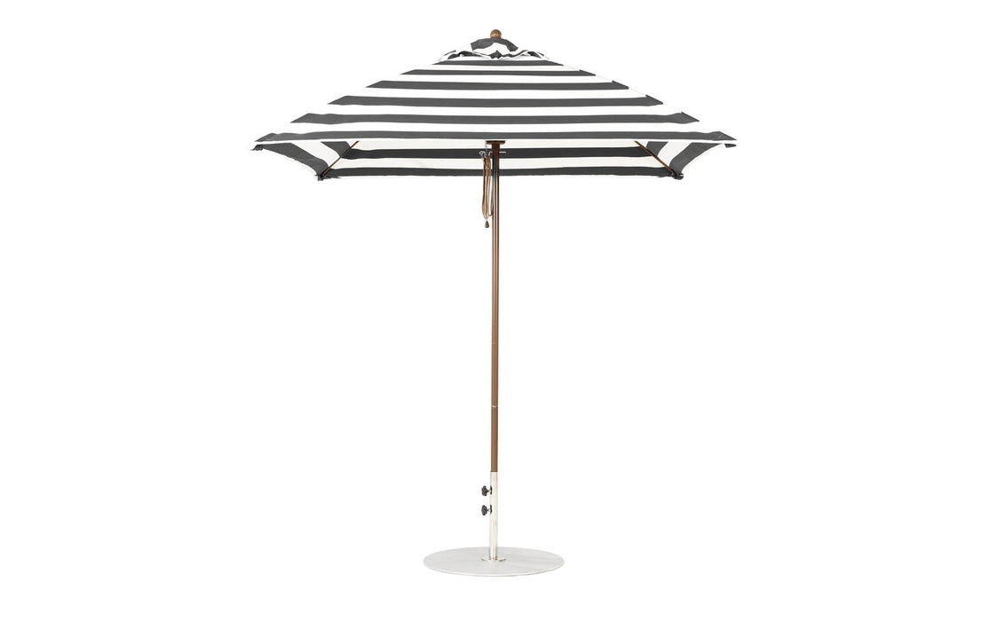 Ledge Lounger Essential Umbrella 7.5' Square Version 2 Pulley — Bronze Pole-Classic Ball Finial-R017 Black Stripe Fabric