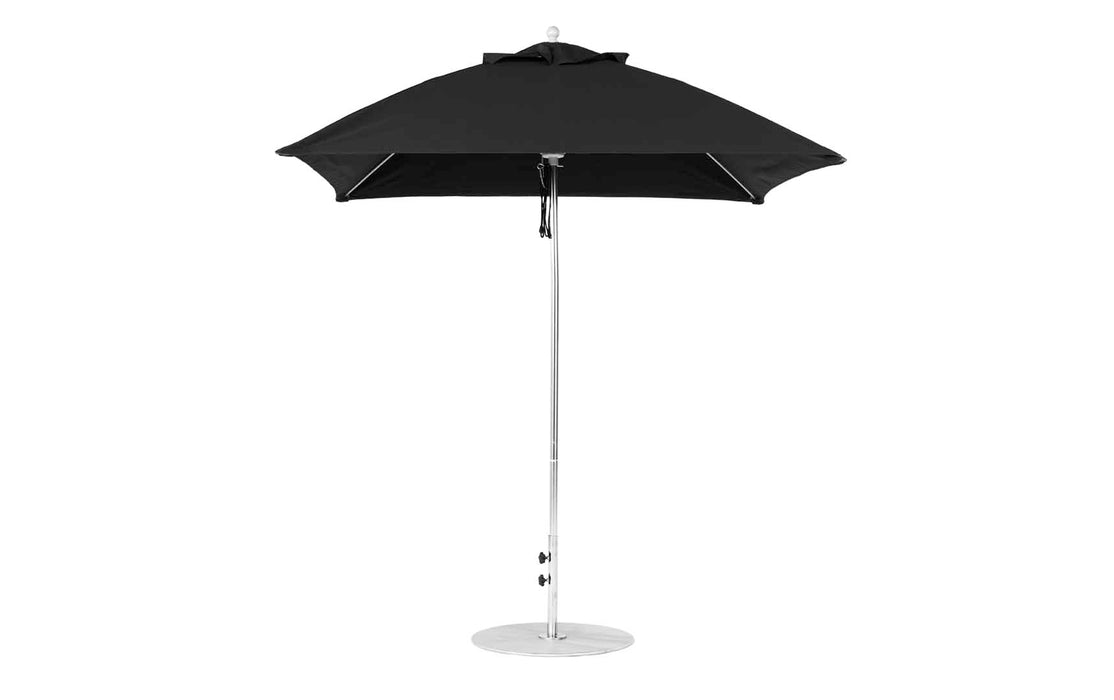 Ledge Lounger Essential Umbrella 7.5' Square Version 2 Pulley — Matte Silver Pole-Classic Ball Finial-R103 Black Fabric