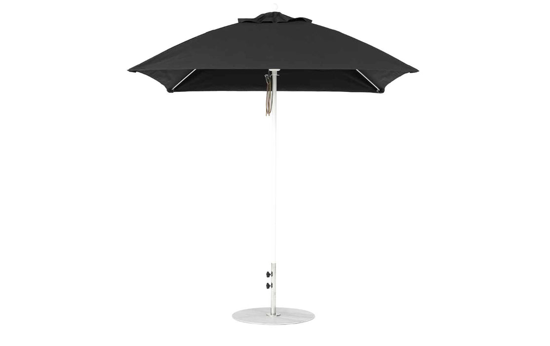 Ledge Lounger Essential Umbrella 7.5' Square Version 2 Pulley — White Pole-Classic Ball Finial-R103 Black Fabric