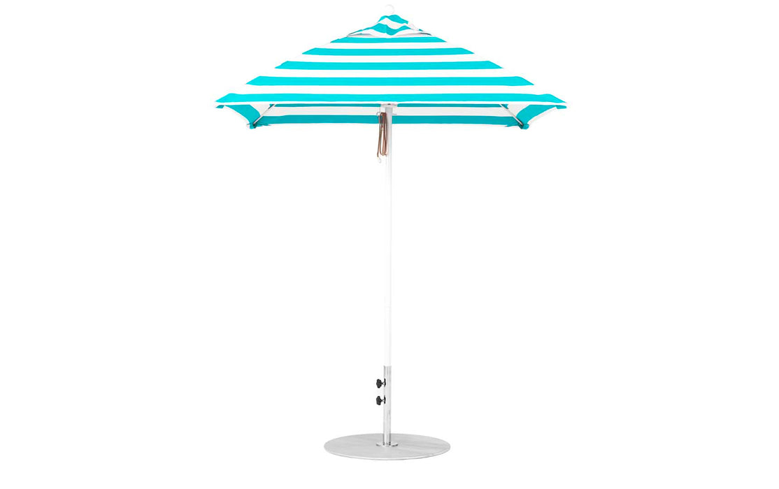 Ledge Lounger Essential Umbrella 6.5' Square Pulley — White Pole-Classic Ball Finial-R011 Turquoise Stripe Fabric