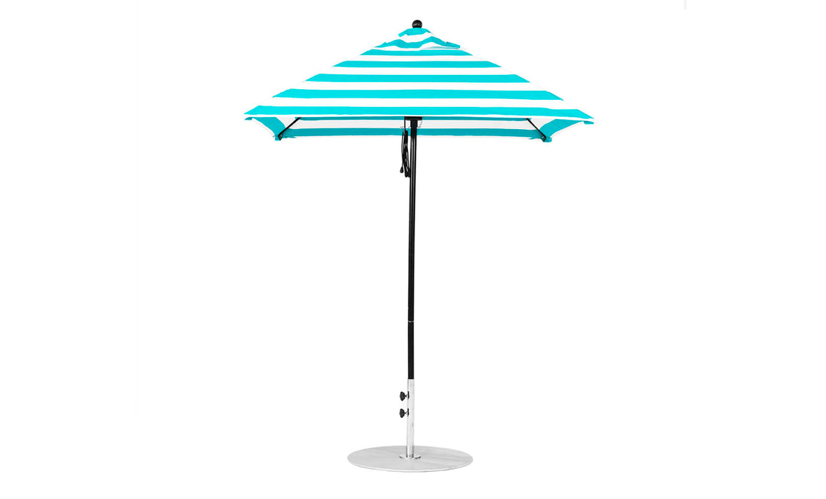 Ledge Lounger Essential Umbrella 6.5' Square Pulley — Black Pole-Classic Ball Finial-R011 Turquoise Stripe Fabric