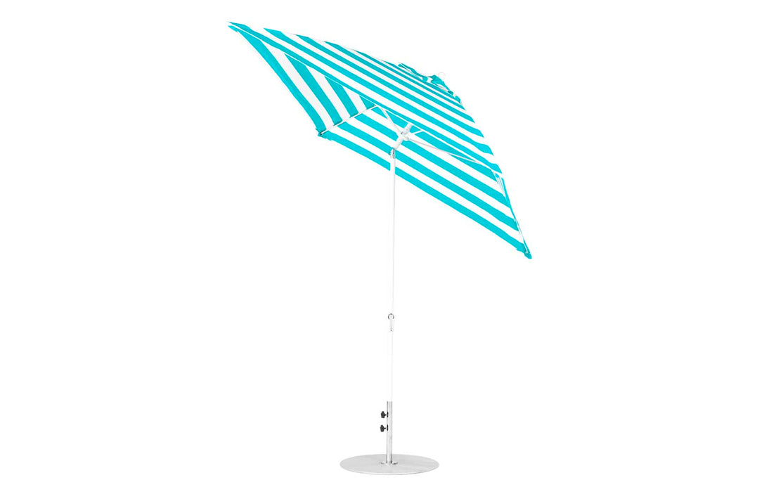 Ledge Lounger Essential Umbrella 7.5' Square Version 2 Crank Auto Tilt — White Pole-Classic Ball Finial-R011 Turquoise Stripe Fabric