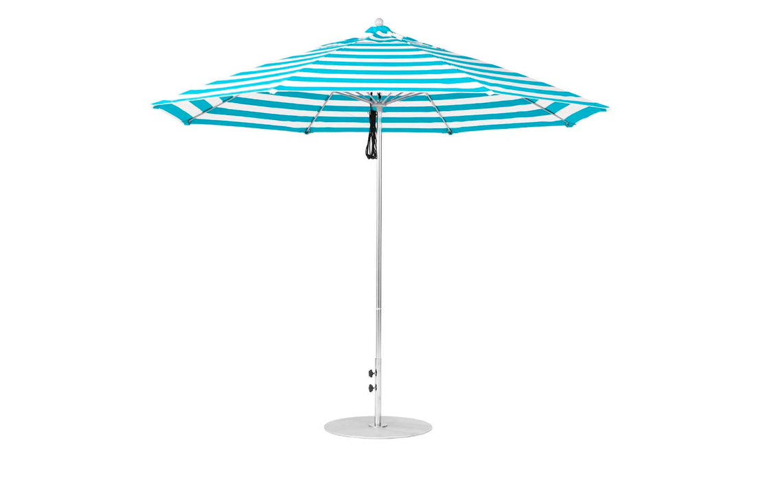 Ledge Lounger Essential Umbrella 11' Octagon Pulley — Matte Silver Pole-Classic Ball Finial-R011 Turquoise Stripe Fabric