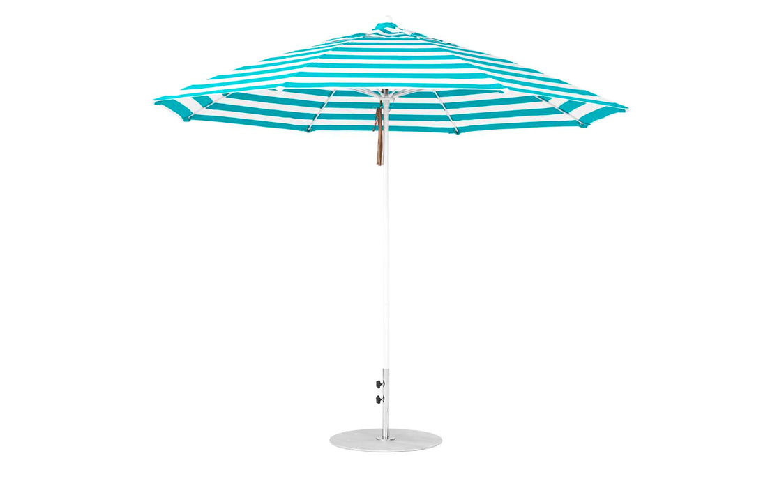 Ledge Lounger Essential Umbrella 11' Octagon Pulley — White Pole-Classic Ball Finial-R011 Turquoise Stripe Fabric