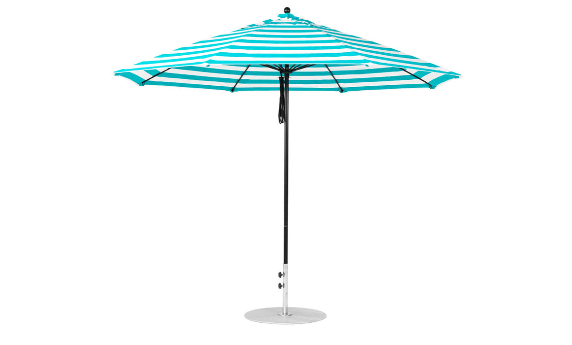 Ledge Lounger Essential Umbrella 11' Octagon Pulley — Black Pole-Classic Ball Finial-R011 Turquoise Stripe Fabric