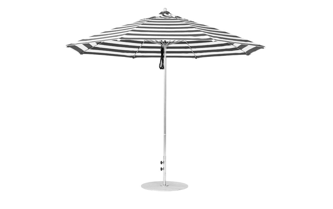 Ledge Lounger Essential Umbrella 11' Octagon Pulley — Matte Silver Pole-Classic Ball Finial-R017 Black Stripe Fabric