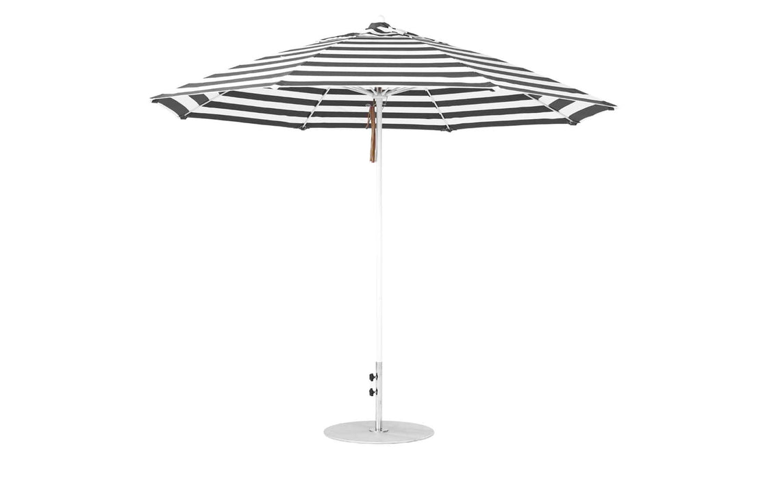 Ledge Lounger Essential Umbrella 11' Octagon Pulley — White Pole-Classic Ball Finial-R017 Black Stripe Fabric