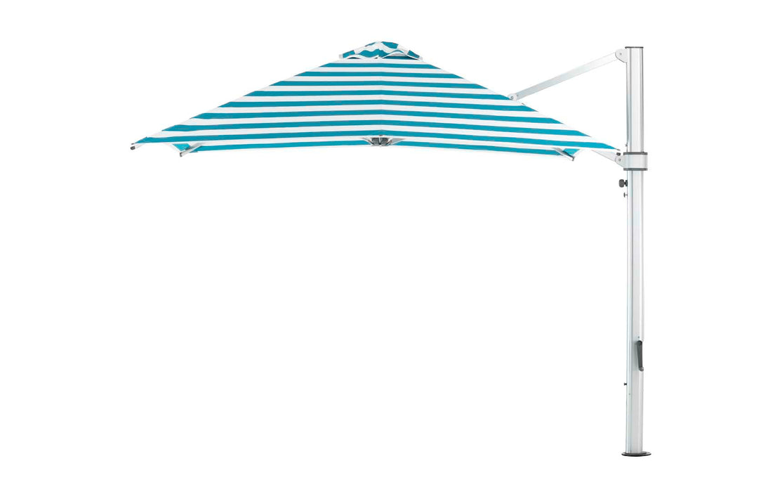 Ledge Lounger Ultra Cantilever Umbrella-10' Square — Matte Silver Pole-Stock Fabric-R011 Turquoise Stripe