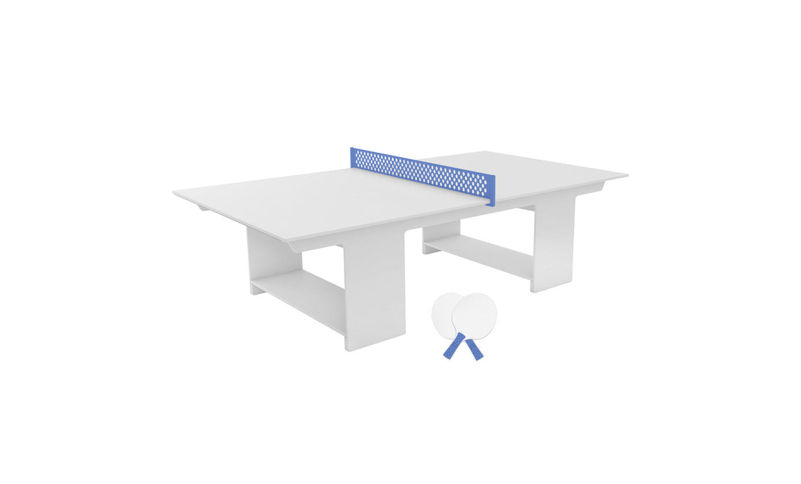 Ledge Lounger Table Tennis — White Base-Sky Blue Net-White Paddles-Sky Blue Accent