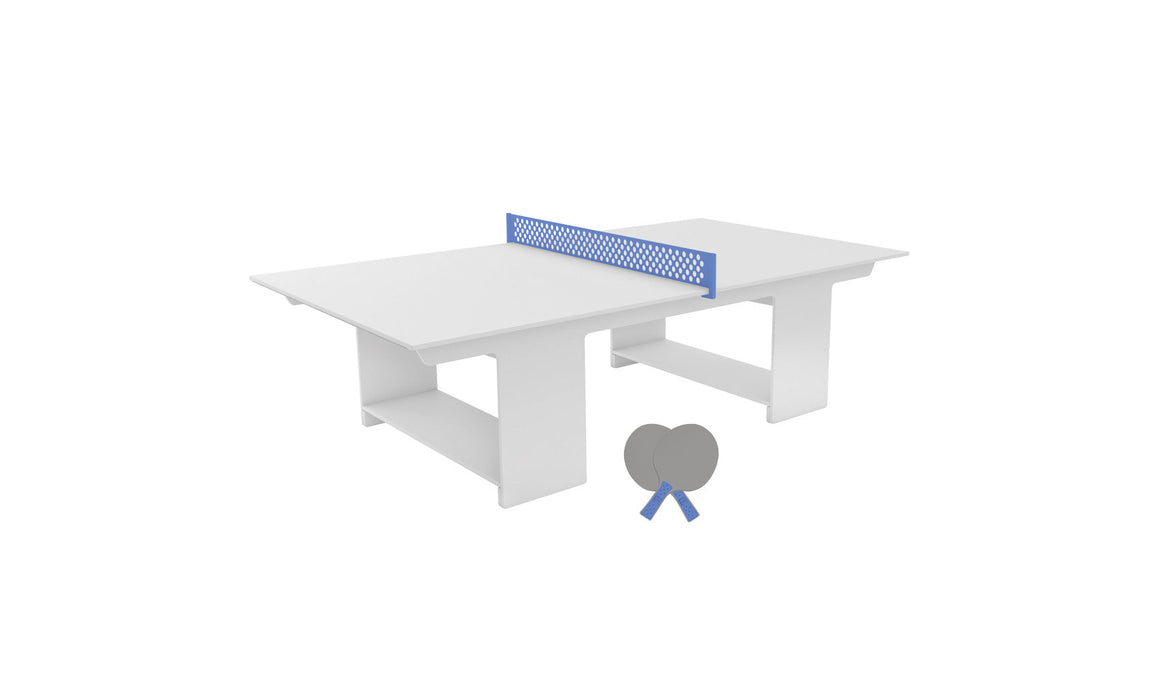 Ledge Lounger Table Tennis — White Base-Sky Blue Net-Gray Paddles-Sky Blue Accent