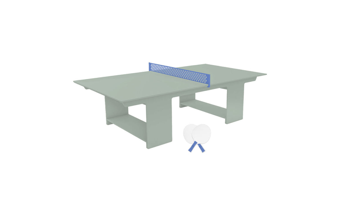 Ledge Lounger Table Tennis — Sage Green Base-Sky Blue Net-White Paddles-Sky Blue Accent