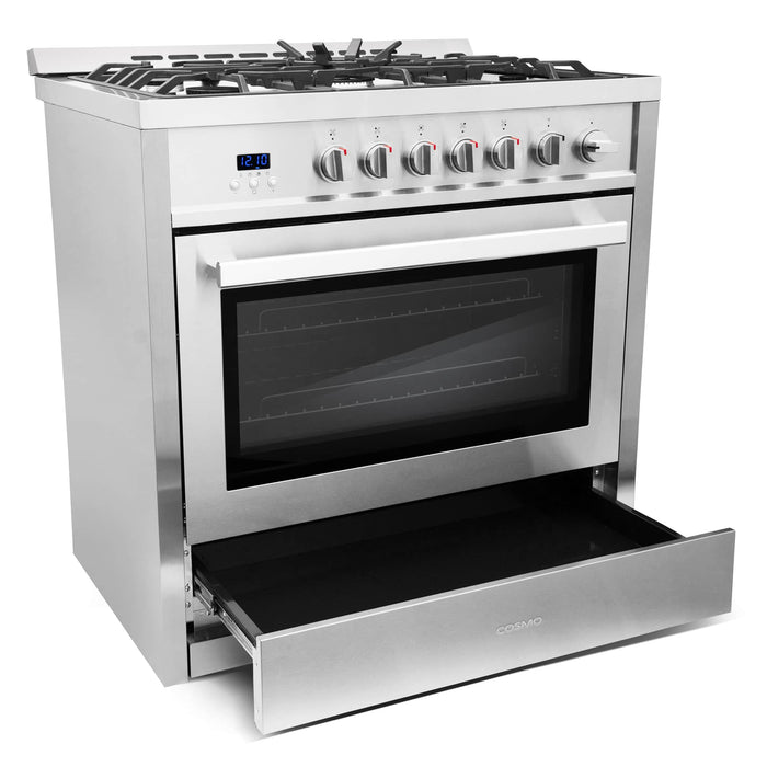 Cosmo 36-Inch 3.8 Cu. Ft. Single Oven Gas Range with 5 Burner Cooktop in Stainless Steel (COS-965AGC) Cosmo