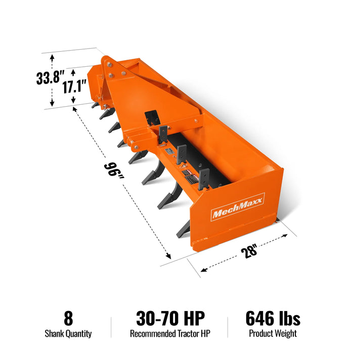 96" Box Blade Scraper with 8 Shanks 3 Point Hitch Tractor Attachment, — angle view