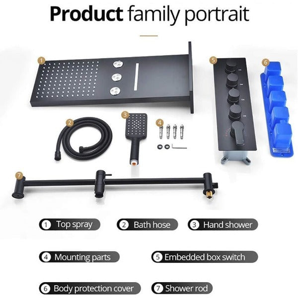 Cascada Showers 9"x22" Matt Black Wall Mounted Multi Settings Shower System - Detail View 3
