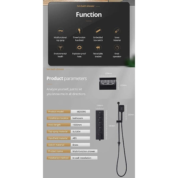 Cascada Showers 9"x22" Matt Black Wall Mounted Multi Settings Shower System - Product Image 8