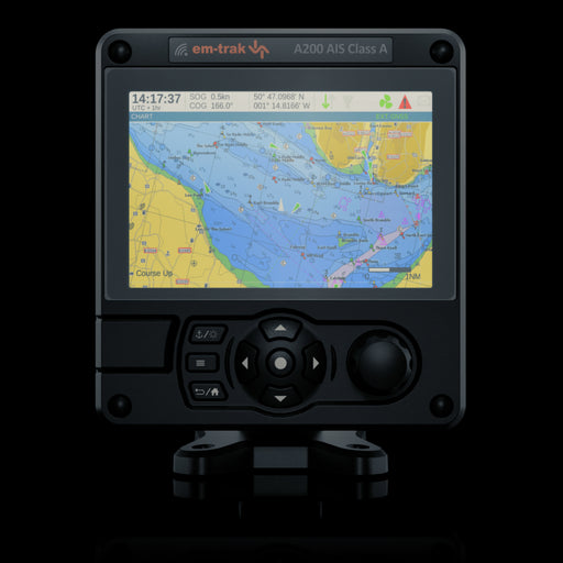 em-trak A200 Class A AIS transceiver front with chart display