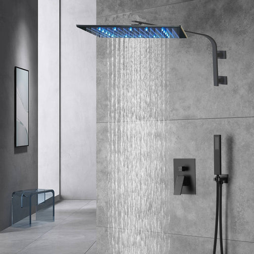 12inch 2 way Big arc Wall Mounted Matte Black Shower System with two function pressure balance Rough-in Valve Body and Trim - angle view