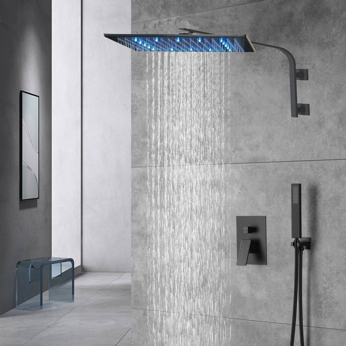 12inch 2 way Big arc Wall Mounted Matte Black Shower System with two function pressure balance Rough-in Valve Body and Trim - angle view