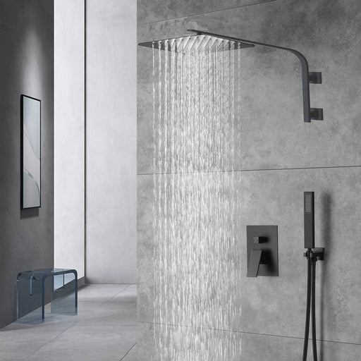 12inch 2 way Big arc Wall Mounted Matte Black Shower System with two function pressure balance Rough-in Valve Body and Trim - front view