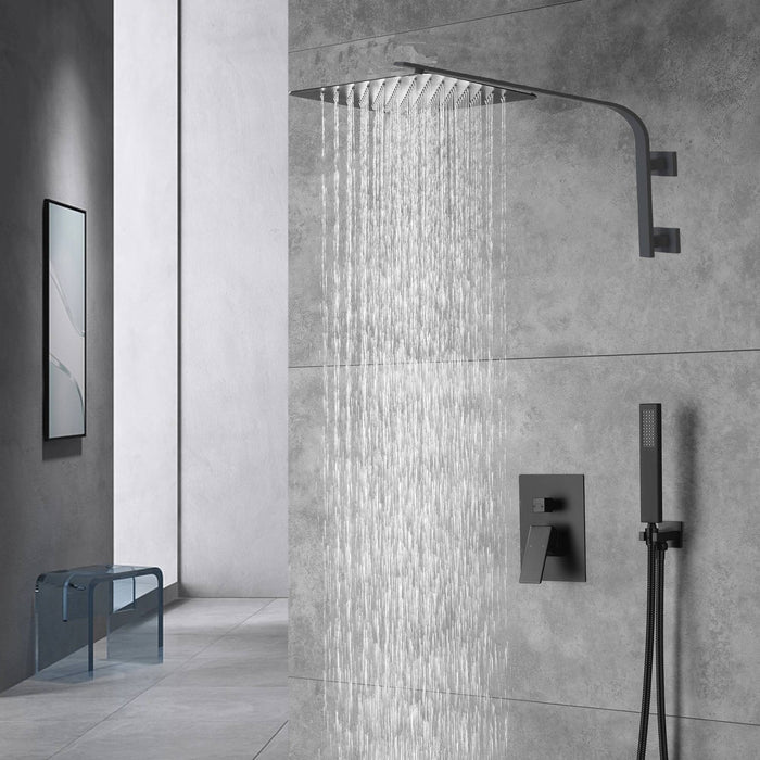 12inch 2 way Big arc Wall Mounted Matte Black Shower System with two function pressure balance Rough-in Valve Body and Trim - front view
