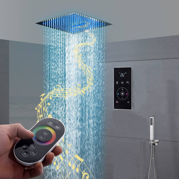 16" LED Chrome/Matte Black/Brushed Gold/Nickel Shower Head with 3-Way Thermostatic Valve, LED Display, 6 Body Jets - side view