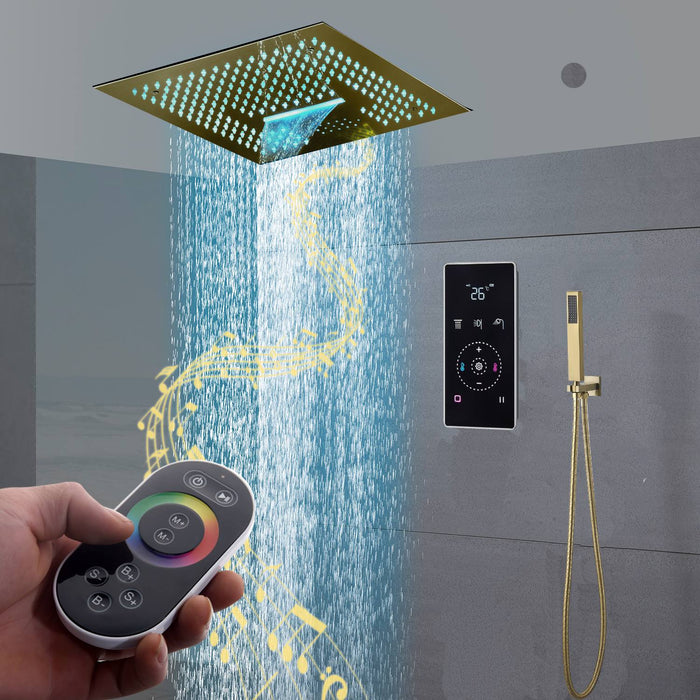 16" LED Chrome/Matte Black/Brushed Gold/Nickel Shower Head with 3-Way Thermostatic Valve, LED Display, 6 Body Jets - detail close-up