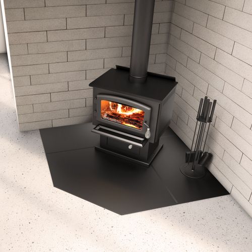 Drolet Black Steel Hearth Pad 54" - Corner hearth pad - side angle