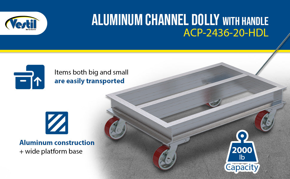 Vestil ACP-2136-20-HDL aluminum channel dolly with handle feature overview 2