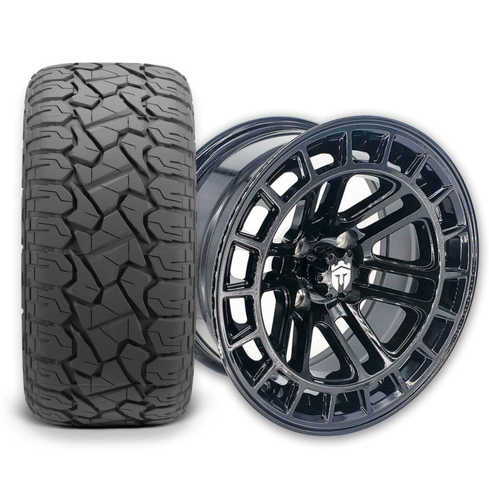 Empire Quest QGB 14x7 Gloss Black Wheel with X Comp Golf X/T Tire golf cart wheel and tire