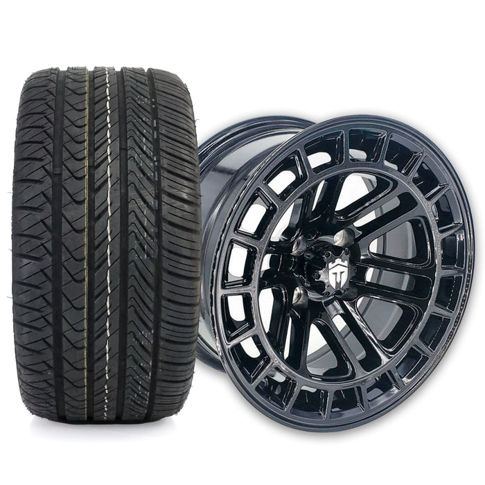 Empire Quest QGB 14x7 Gloss Black Wheel with X Comp Golf H/T Tire golf cart wheel and tire