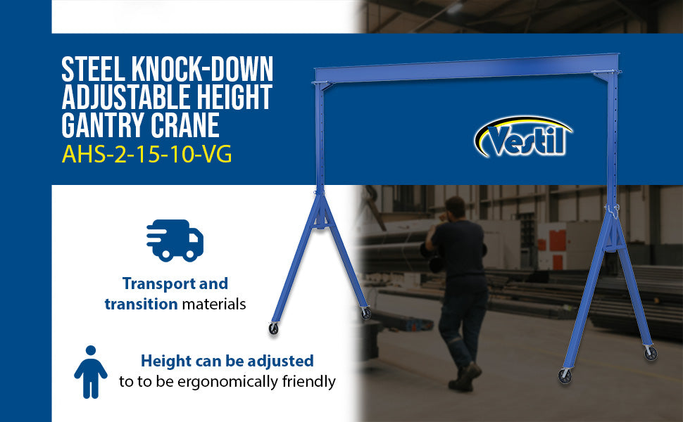 Vestil AHS-2-15-10-VG steel adjustable height gantry crane with v-groove cast iron feature overview 3