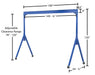 Vestil AHS-2-15-10-VG steel adjustable height gantry crane with v-groove cast iron dimensions diagram