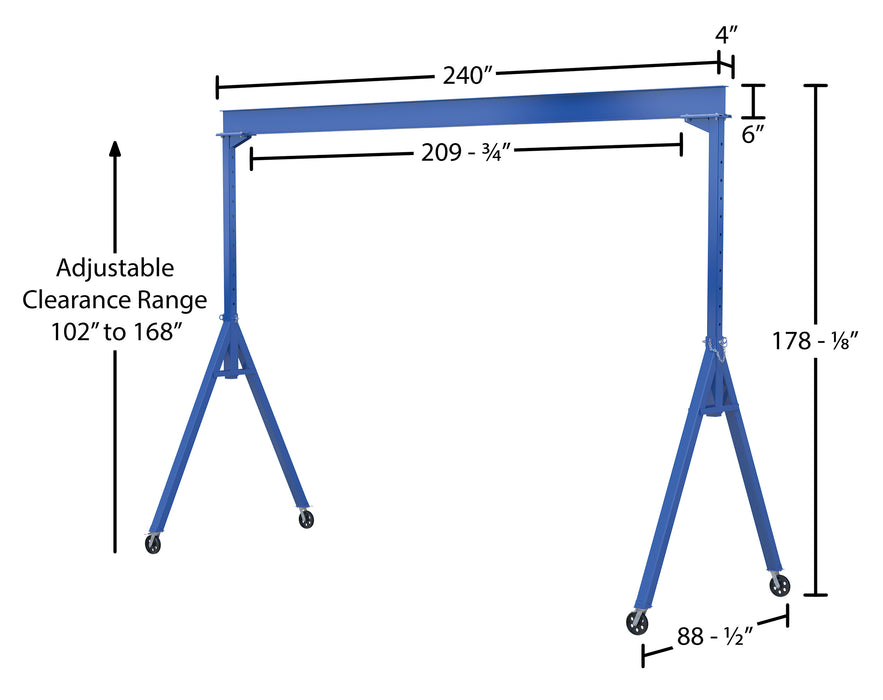 Vestil AHS-2-20-14-VG steel adjustable height gantry crane with v-groove cast iron dimensions diagram