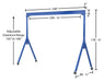 Vestil AHS-2-20-14-VG steel adjustable height gantry crane with v-groove cast iron dimensions diagram