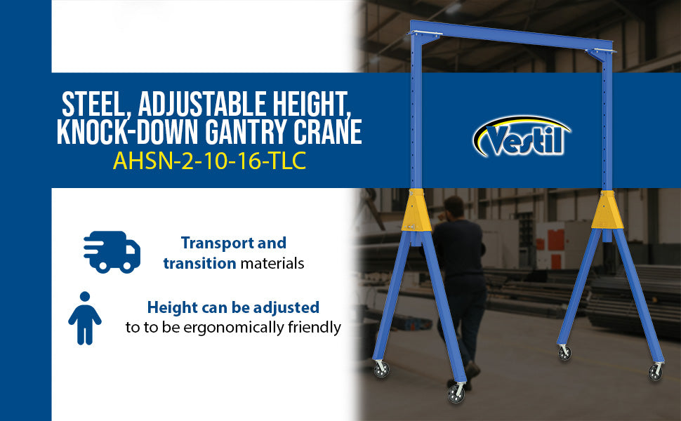 Vestil AHSN-2-10-16-TLC steel knock-down adjustable height gantry crane with total locking feature overview 2
