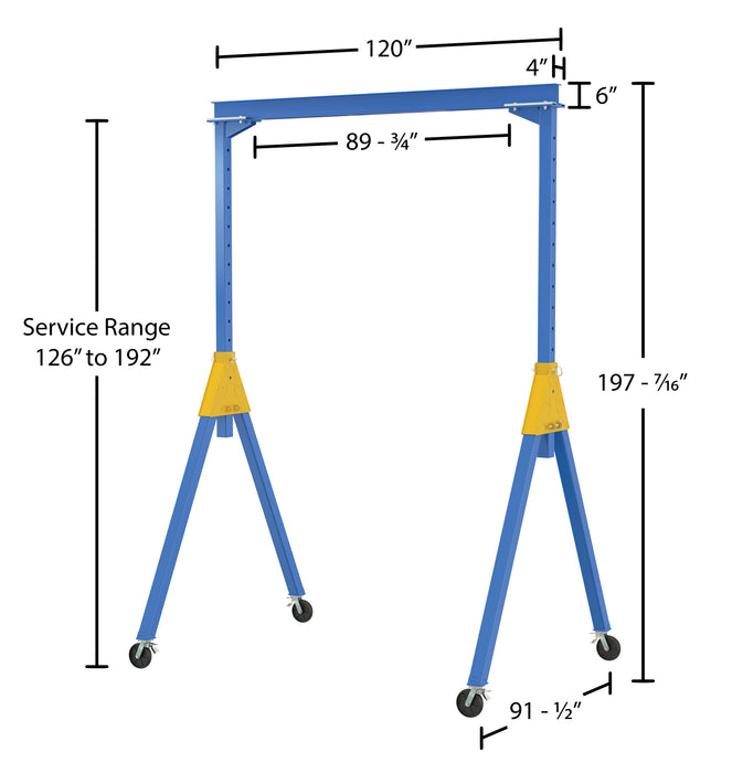 Vestil AHSN-2-10-16-TLC steel knock-down adjustable height gantry crane with total locking dimensions diagram