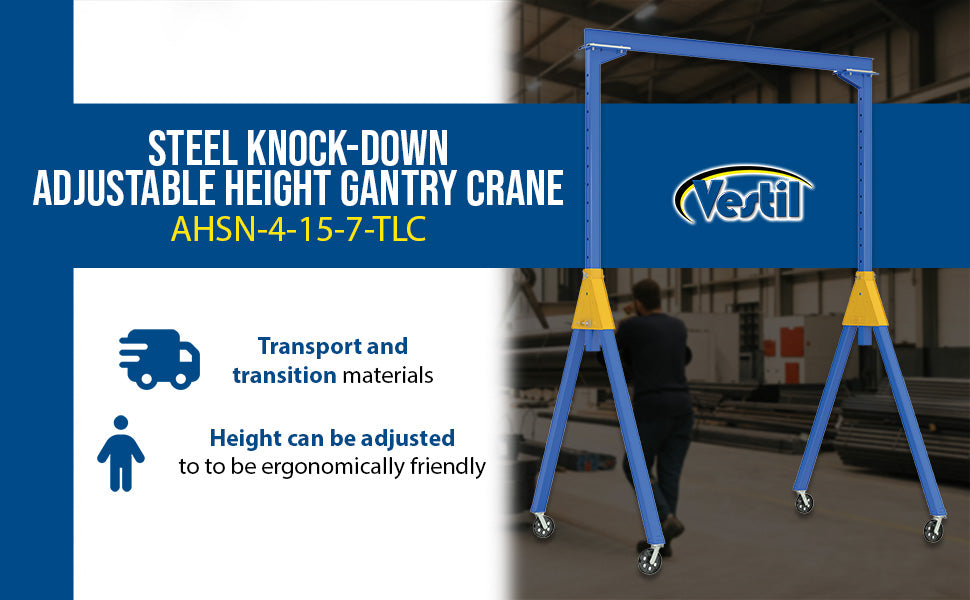 Vestil AHSN-4-15-7-TLC steel knock-down adjustable height gantry crane with total locking feature overview 2