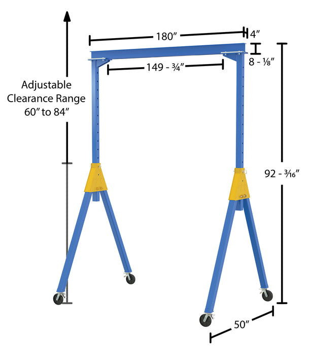 Vestil AHSN-4-15-7-TLC steel knock-down adjustable height gantry crane with total locking dimensions diagram