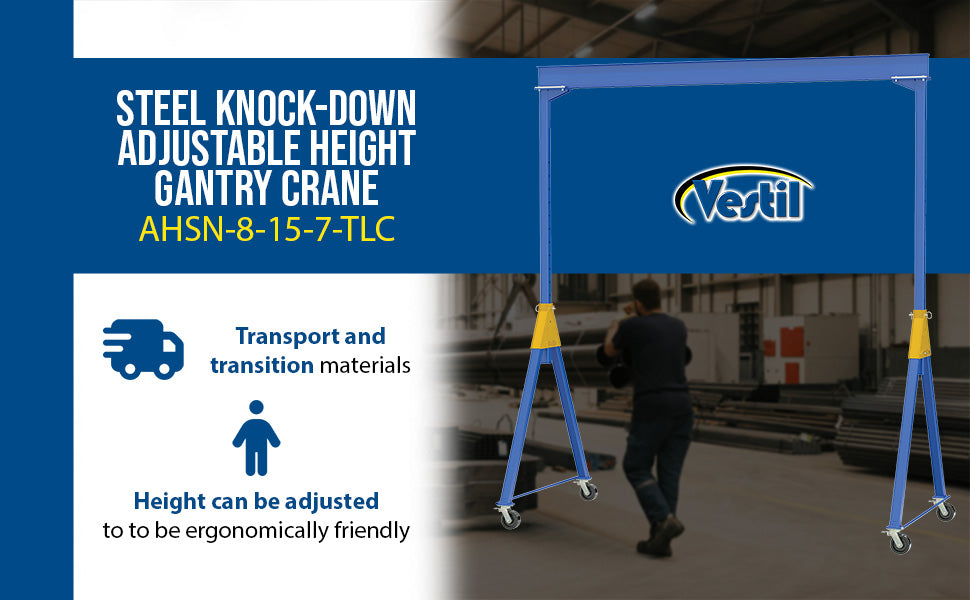 Vestil AHSN-8-15-7-TLC steel knock-down adjustable height gantry crane with total locking feature overview 3