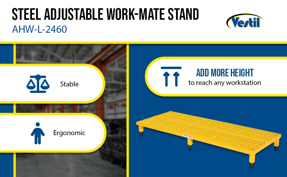 Vestil AHW-L-2460 steel adjustable work-mate stand feature overview 1