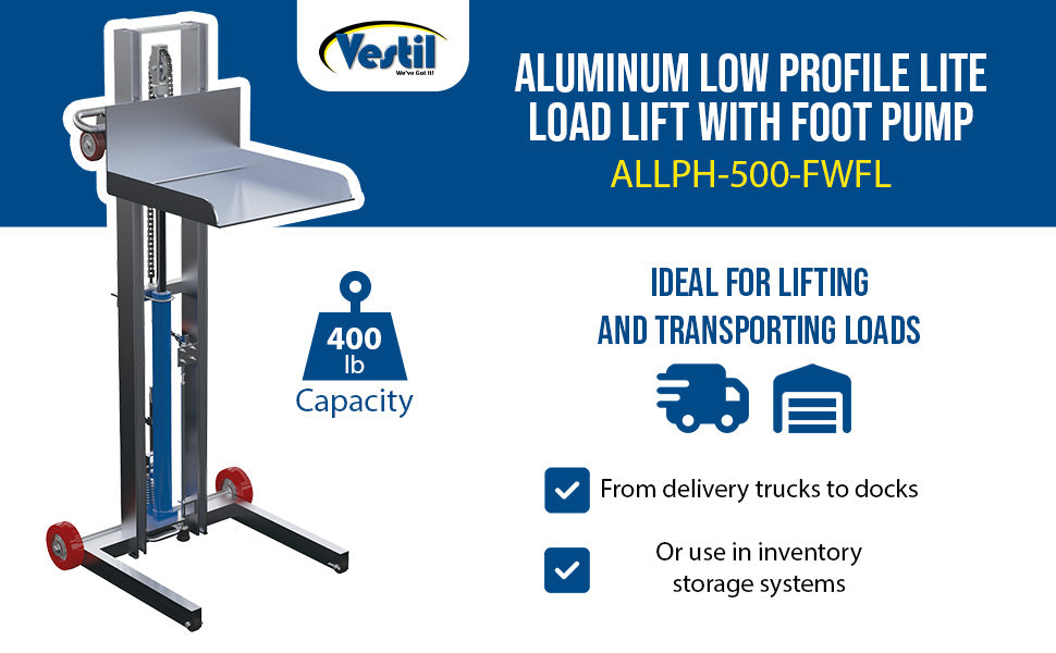 Vestil ALLPH-500-FWFL aluminum low profile lite load lift with foot pump feature overview 3