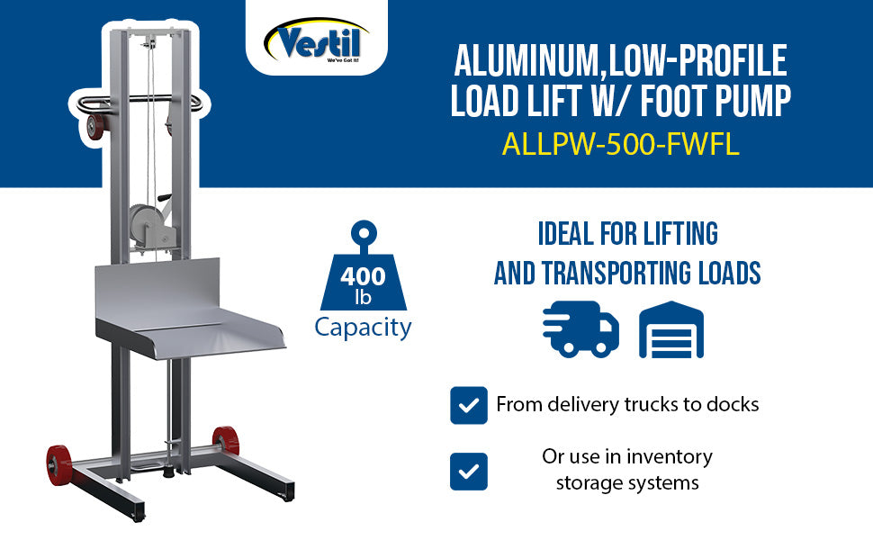 Vestil ALLPW-500-FWFL aluminum low profile lite load lift with winch fixed feature overview 2