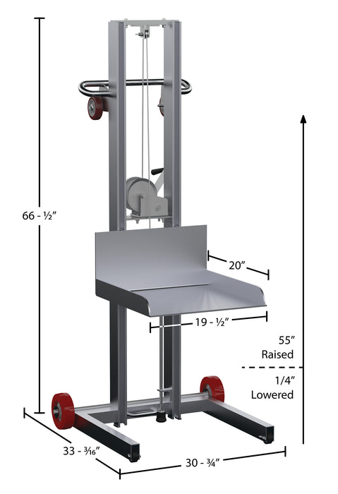 Vestil ALLPW-500-FWFL aluminum low profile lite load lift with winch fixed dimensions diagram