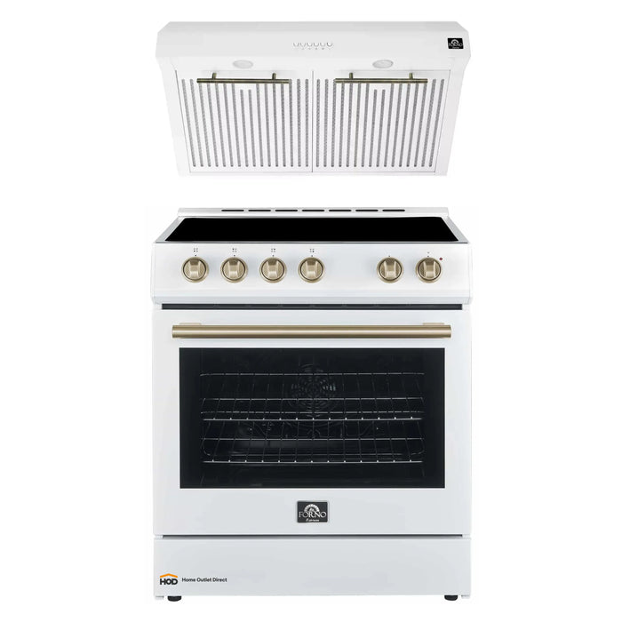 Forno Espresso 2-Piece Appliance Package - 30-Inch Electric Range with 5.0 Cu.Ft. Electric Oven and Under Cabinet Range Hood in White with Antique Brass Trim (FBDL-002-03US)