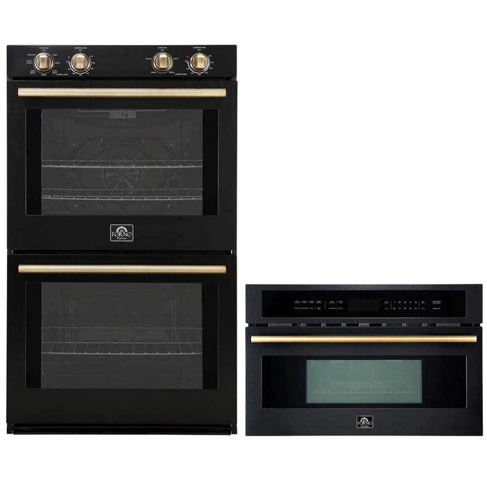 Forno 2-Piece Appliance Package - 30-Inch Vomero Double Wall Oven & 30-Inch Microwave Oven in Black with Antique Brass Handle