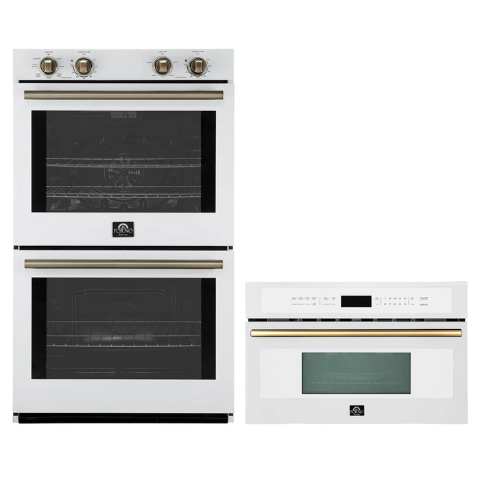 Forno 2-Piece Appliance Package - 30-Inch Vomero Double Wall Oven & 30-Inch Microwave Oven in White with Antique Brass Handle