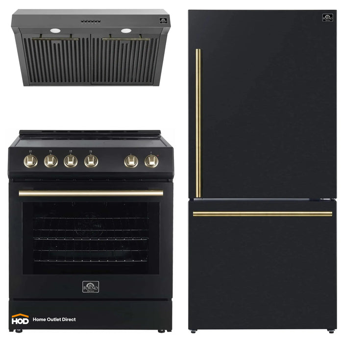 Forno Espresso 3-Piece Appliance Package - 30-Inch Electric Range with 5.0 Cu.Ft. Electric Oven, Refrigerator, and Under Cabinet Range Hood in Black with Antique Brass Trim (FBDL-001-02US)