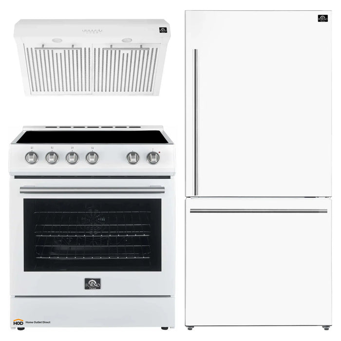 Forno Espresso 3-Piece Appliance Package - 30-Inch Electric Range with 5.0 Cu.Ft. Electric Oven, Refrigerator, and Under Cabinet Range Hood in White with Stainless Steel Trim (FBDL-001-03US)